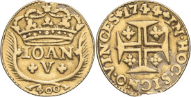 PORTUGAL - PORTUGAL
Jean V (1706-1750). 400 réis 1744, Lisbonne.
KM.201 - Fr.100 ; Or - 0,97 g - 13 mm - 6 h
Exemplaire anciennement monté, la bélière...