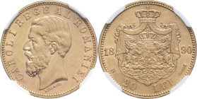 ROUMANIE - ROMANIA
Charles Ier de Roumanie (1866-1914). 20 lei 1890, B, Bucarest.
KM20 - Fr.3 ; Or - [6,45] g - 21 mm - 6 h
NGC AU 55 (6647342-028). 
...