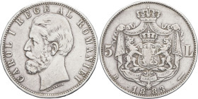 ROUMANIE - ROMANIA
Charles Ier de Roumanie (1866-1914). 5 lei 1883, B, Bucarest.
KM.17.1 - Dav.274 ; Argent - 24,70 g - 37 mm - 6 h
TB.