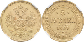 RUSSIE - RUSSIA
Alexandre II (1855-1881). 5 roubles 1869 HI, СПБ, Saint-Pétersbourg.
Bitkin 17 - Fr.163 ; Or - [6,54] g - 22,5 mm - 12 h
NGC UNC DETAI...