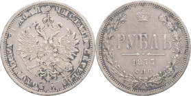 RUSSIE - RUSSIA
Alexandre II (1855-1881). Rouble 1877 HI, СПБ, Saint-Pétersbourg.
Bitkin 90 - KM.25 ; Argent - 20,68 g - 35,5 mm - 12 h
TTB à Superbe....