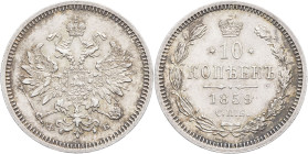 RUSSIE - RUSSIA
Alexandre II (1855-1881). 10 kopeck 1859 ФБ, СПБ, Saint-Pétersbourg.
Bitkin 162 - KM.20.1 ; Argent - 2,07 g - 17,5 mm - 12 h
Superbe....