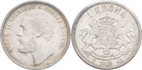 SUÈDE - SWEDEN
Oscar II (1872-1907). 1 krona, 1er type 1876 ST, Stockholm.
Delz.34 - KM.741 ; Argent - 7,46 g - 25 mm - 12 h
Légère double frappe visi...