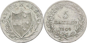 SUISSE - SWITZERLAND
Argovie-Aargau (canton d’). 5 batzen 1808, Aarau.
Divo.195 - HMZ.2-22c ; Argent - 4,38 g - 26 mm - 6 h
TTB.