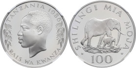TANZANIE - TANZANIA
République. 100 shilingi, 25e anniversaire du WWF, Flan bruni (PROOF) 1986.
KM.18a ; Argent - [19,44] g - 36 mm - 12 h
NGC PF 68 U...