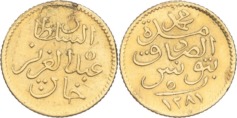 TUNISIE - TUNISIA
Mohamed el-Sadik, Bey (1859-1882). 5 piastres Or AH 1281 (1864...