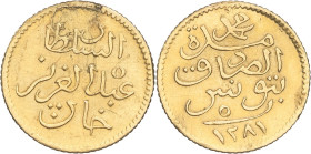 TUNISIE - TUNISIA
Mohamed el-Sadik, Bey (1859-1882). 5 piastres Or AH 1281 (1864), Tunis.
KM.162 - Fr.8b ; Or - 0,92 g - 12,5 mm - 12 h
Une griffe sur...
