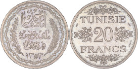 TUNISIE - TUNISIA
Ahmed, Bey (1929-1942). Essai de 20 francs AH 1353 (1934), Paris.
Lec.363 ; Argent - 19,95 g - 35 mm - 6 h
Fleur de coin.