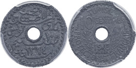 TUNISIE - TUNISIA
Mohamed Lamine, Bey (1943-1957). Essai de 10 centimes 1945 - AH 1364, Paris.
Lec.119 - KM.E25 ; Zinc - [1,50] g - 17 mm - 6 h
PCGS S...