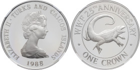 TURKS ET CAÏQUES (ÎLES) - TURKS AND CAICOS ISLANDS
Élisabeth II (1952-2022). One crown, 25e anniversaire du WWF, Flan bruni (PROOF) 1988.
KM.64a ; Arg...