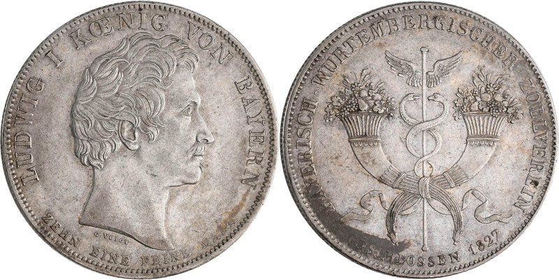 Bayern: Ludwig I. 1825-1848: Geschichtstaler 1827, Bayerisch-Würtemberischer Zol...