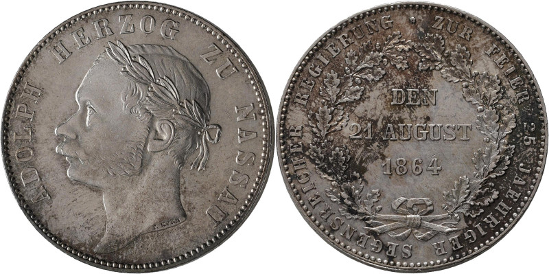 Nassau: Adolph 1839-1866: Taler 1864, 25. Regierungsjubiläum, AKS 77, Jaeger 63....