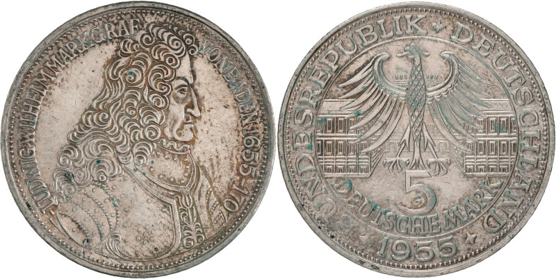 Bundesrepublik Deutschland 1948-2001: 5 DM 1955 G, Markgraf von Baden, Jaeger 39...