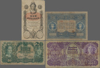 Austria: Lot with 4 banknotes including Privilegirte Oesterreichische National-Bank with 1 Gulden 1858 (P.A84, G/VG, border tears and hole, back label...