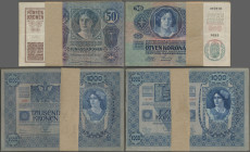Austria: 50 Kronen 2.1.1914, 50 Pieces, F-VF, 1000 Kronen 2.1.1902, 25 x block number 1292 in UNC and 25 x mixed block numbers VF, P. 15, 8
 [differe...