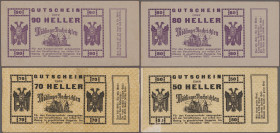 Austria: Mödling, Mödlinger Nachrichten, 10, 20, 30, 40, 50, 70, 80, 90 Heller 1920, ohne / without 60 Heller, 50 Heller beschädigt / damaged, K/K 624...
