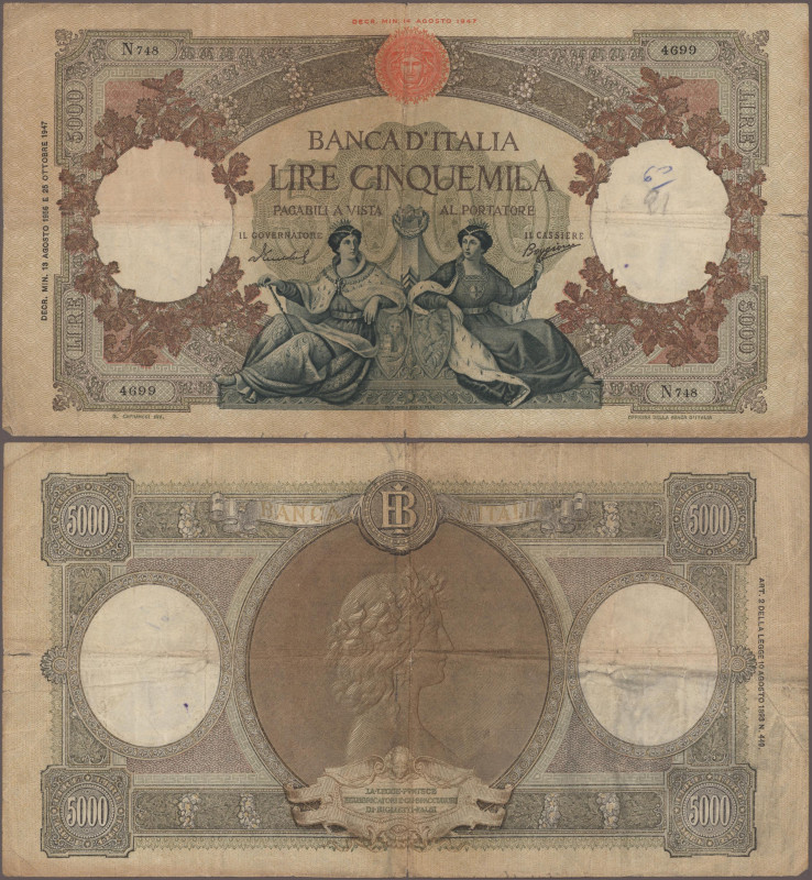 Italy: Banca d'Italia 5000 Lire 13.8.1956, P. 85 c, small graffiti, tears, F
 [...