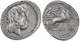 ROMAN REPUBLIC: Titurius L. f. Sabinus, 89 BC, AR denarius (3.84g), S-253, RRC-344, head of King Tatius, SABIN behind // L. TITVRI, Victory in biga, h...