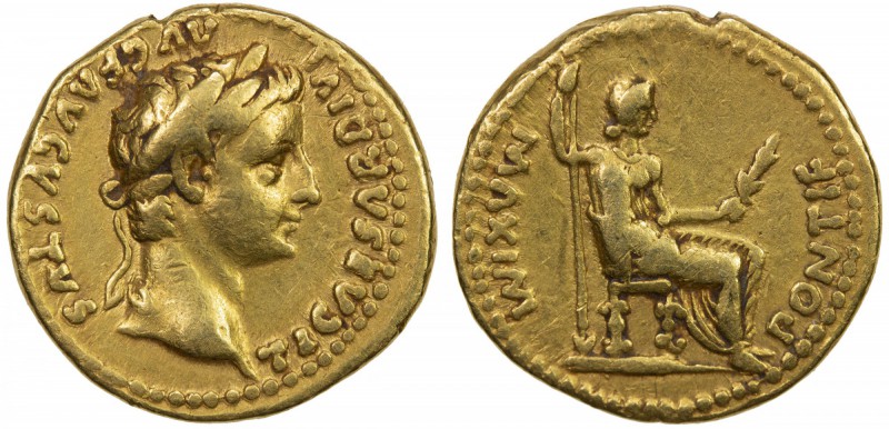 ROMAN EMPIRE: Tiberius, 14-37 AD, AV aureus (7.62g), Lugdunum (Lyon, France), ND...