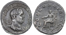ROMAN EMPIRE: Balbinus, 238 AD, AE sestertius (20.08g), Rome (238), S-8494, laureate bust of Balbinus // CONDORIA AVGG, Concordia seated left, holding...