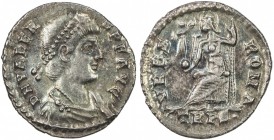 ROMAN EMPIRE: Valens, 364-378 AD, AR siliqua (1.88g), S-19675, Roma seated on throne, holding Victory on globe, and resting on sceptre, mint mark TR P...
