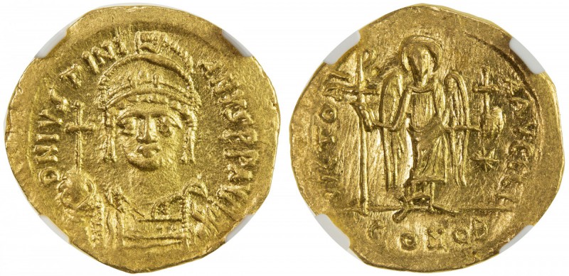 BYZANTINE EMPIRE: Justinian I, 527-565, AV solidus, Constantinople, S-139, D N I...