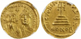 BYZANTINE EMPIRE: Heraclius, 610-641, AV solidus, Constantinople, S-734, busts of emperor & his son Heraclius Constantine // cross potent above 4 step...