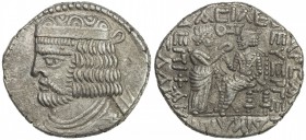 PARTHIAN KINGDOM: Vardanes II, AD 55-58, BI tetradrachm (14.34g), Seleukeia, SE367 (57/58 AD), Shore-383, bust left // king seated on throne, receivin...