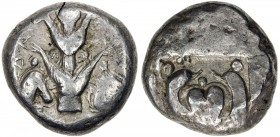 KYRENAIKA: Anonymous, ca. 485-475 BC, AR tetradrachm (16.83g), Barce, Asyut-855 (this coin); SNG Copenhagen-116, silphium plant; silphium fruit to eac...