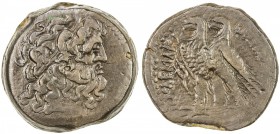 PTOLEMAIS: Ptolemy VI, 180-145 BC, AE 32 (27.46g), S-7900, head of Zeus-Ammon, with large horn // two eagles standing on thunderbolt, coarse Greek cal...