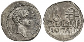 MAURETANIA: Juba II, 25 BC - 23 AD, AR denarius (2.87g), Müller-86, REX IVBA; diademed head right // BAΣIΛIΣΣA / KΛEOΠATPA in two lines; headdress of ...