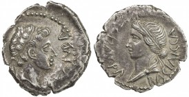 MAURETANIA: Juba II, 25 BC - 23 AD, AR denarius (2.89g), Müller-86, REX IVBA; diademed head right // BAΣIΛIΣΣA KΛEOΠATPA; diademed head of Cleopatra l...