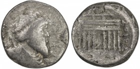 NUMIDIA: Juba I, 60-46 BC, AR denarius (1.97g), Müller-50, REX IVBA; diademed and draped bust right, with scepter over shoulder // octastyle temple, P...
