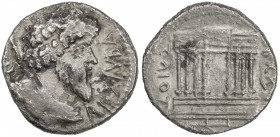 NUMIDIA: Juba I, 60-46 BC, AR denarius (3.31g), Müller-51, diademed and draped bust right, with scepter over shoulder; REX IVBA before // octastyle te...