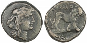NUMIDIA: Juba I, 60-46 BC, AE 22 (8.06g), Müller-58, head of Numidia or Africa right, wearing elephant skin headdress // lion walking right, VF, R. 
...