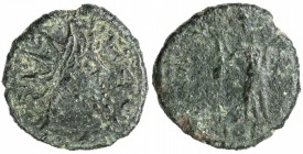 NUMIDIA: Juba I, 60-46 BC, AE 15 (1.73g), Müller—, bearded head right, wearing pointed tiara // sanding figure, nice obverse, but very weak reverse, F...