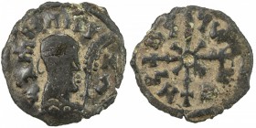 AXUM: Wazena, early 6th century, AE unit (1.24g), M&J-118, royal bust right, holding grain ear // ornamental cross, with full original gold inlay, bol...