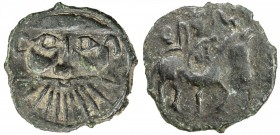 HUNNIC: Sri Shahi, probably 6th century, AE unit (0.55g), G-—, Vondrovec—, bearded head facing, wearing simple cap // winged Pegasus right, Brahmi leg...