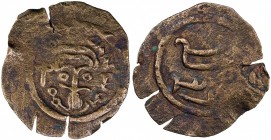 ARAB-SASANIAN: Anonymous, ca. 690-710, AE pashiz (1.90g), NM, ND, A-44P, Gyselen-74, Byzantine style head facing, pseudo-Greek legend around, large cr...