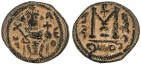 ARAB-BYZANTINE: Enthroned Emperor, ca. 670-690, AE fals (3.98g), Dimashq, ND, A-3511.2, Emperor seated, facing, holding medium length cross & globus c...