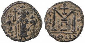 ARAB-BYZANTINE: Standing Emperor, ca. 680s-690s, AE fals (3.08g), Dimashq, A-3517.1, Goodwin type 1c, bird-on-T to left, no Greek text // capital M, G...
