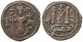 ARAB-BYZANTINE: Standing Emperor, ca. 680s-690s, AE fals (4.09g), Dimashq, A-3517.3, Goodwin type 2a, Greek ΛEO to right of the standing emperor, rare...