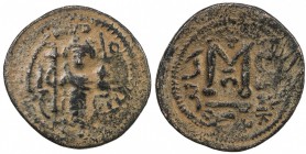 ARAB-BYZANTINE: Standing Emperor, ca. 680s-690s, AE fals (3.87g), Dimashq, A-3517.3, Goodwin type 1c, bird-on-T to left, blundered Greek text to right...
