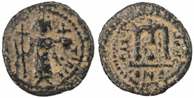 ARAB-BYZANTINE: Standing Emperor, ca. 670s-690s, AE fals (3.47g), Tabariya (Tiberias), A-3519, Goodwin type #1, standing emperor holding long cross & ...