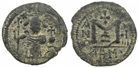ARAB-BYZANTINE: Standing Emperor, ca. 670-700, AE fals (3.08g), "Damascus ", ND, A-3522.2, pseudo-Damascus type derived from type A-3517.1, year 18 (s...