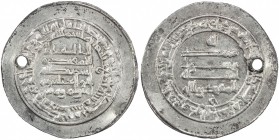 ABBASID: al-Muqtadir, 908-932, AR donative dirham (3.34g), Madinat al-Salam, AH304, A-246A, with broad outer margins both sides, bold strike, pierced,...