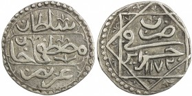 ALGIERS: Mustafa III, 1757-1774, AR ¼ budju (3.28g), Jazayir, AH1172, KM-26, first issue, with reverse in octogram, choice VF, RR. 

Estimate: USD 2...
