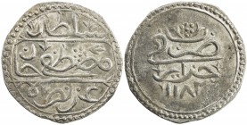 ALGIERS: Mustafa III, 1757-1774, AR ¼ budju (3.36g), Jazayir, AH1182, KM-27, VF-EF.

Estimate: USD 100-150