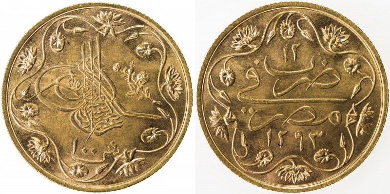 EGYPT: Abdul Hamid II, 1876-1909, AV 100 qirsh, Misr, AH1293 year 12, KM-297, UN...