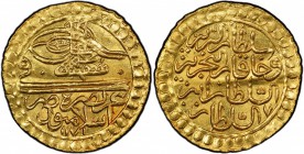 TURKEY: Mustafa III, 1757-1774, AV ½ zeri mahbub (1.29g), Islambul, AH1171 year 7, KM-327, lustrous bold even strike, PCGS graded MS63, R, ex Kenneth ...